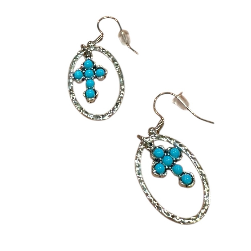 Hammered Silver and Turquoise Stone Cross Oval Drop Earrings
